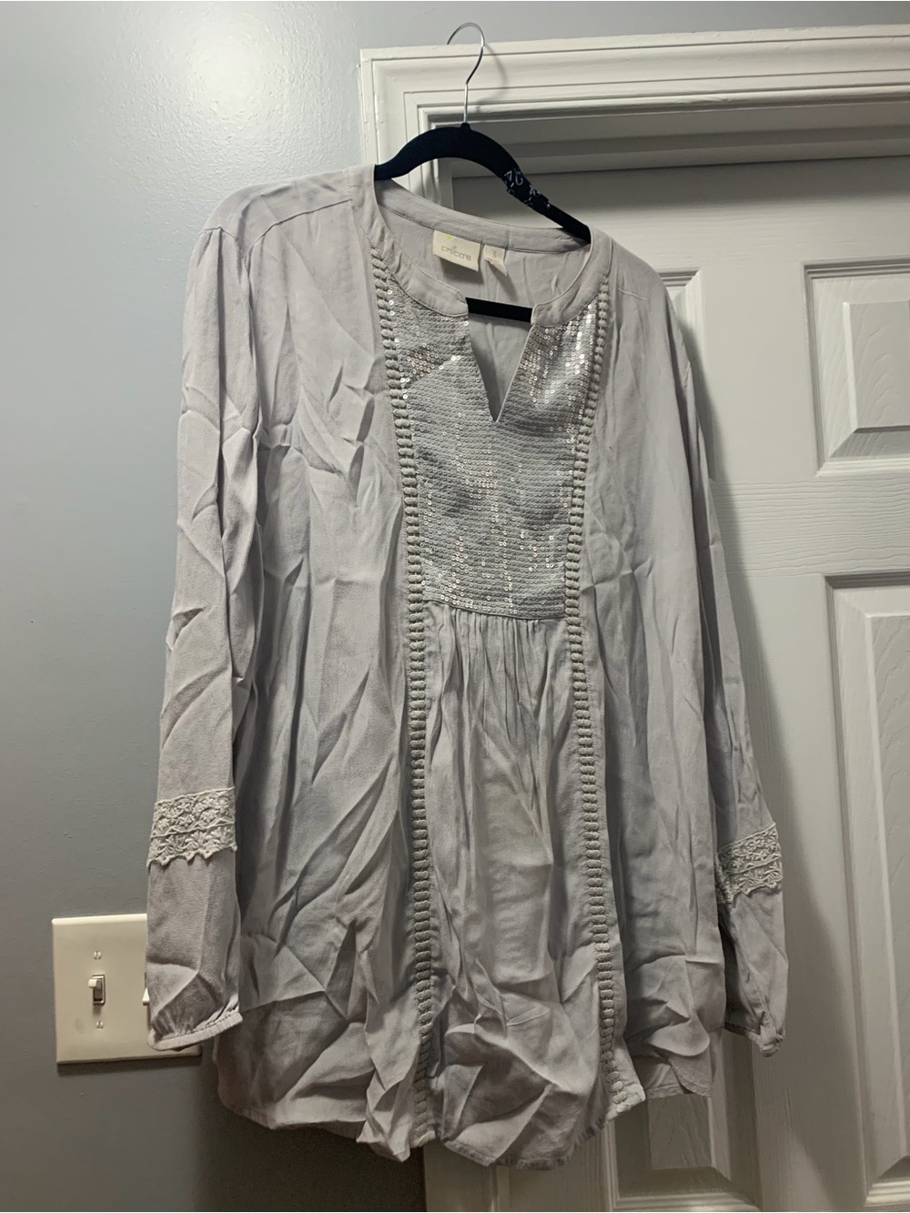 Chicos 3 Light Gray Embellished Boho Blouse